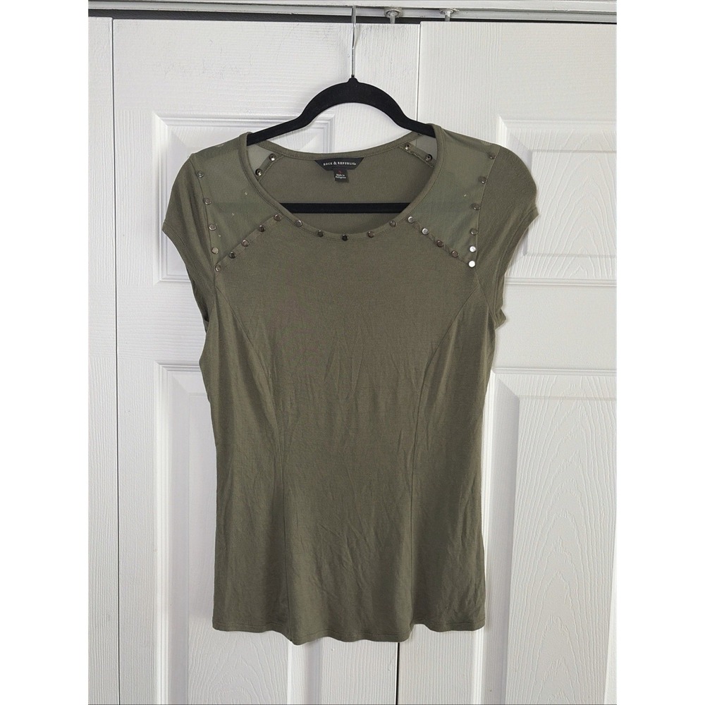 Rock & Republic Studded Mesh Top Womens Size S Olive Green Edgy Rocker Punk Alt